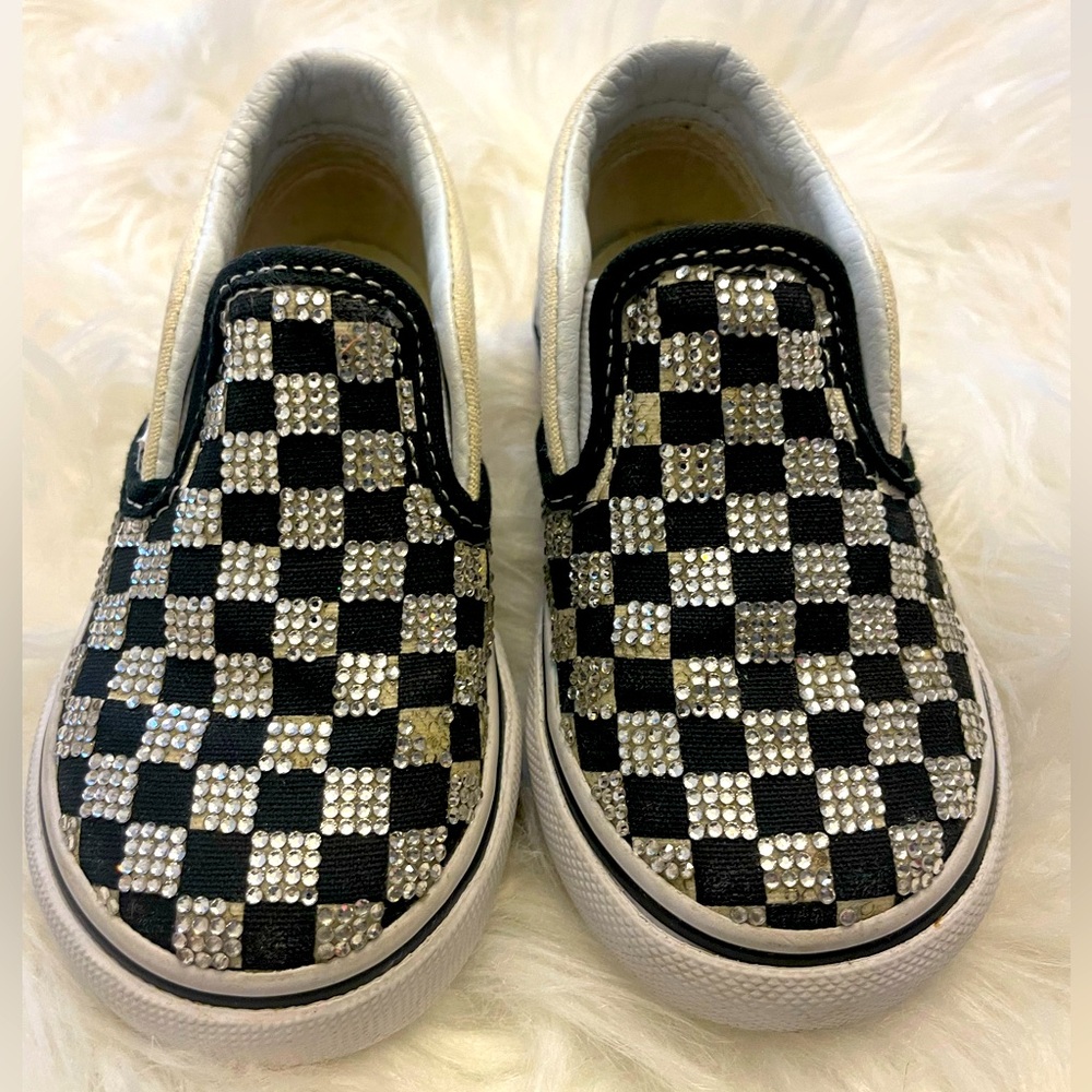Custom Bling / Rhinestone Vans Slip Ons Classic Checkerboard Size 6c Baby